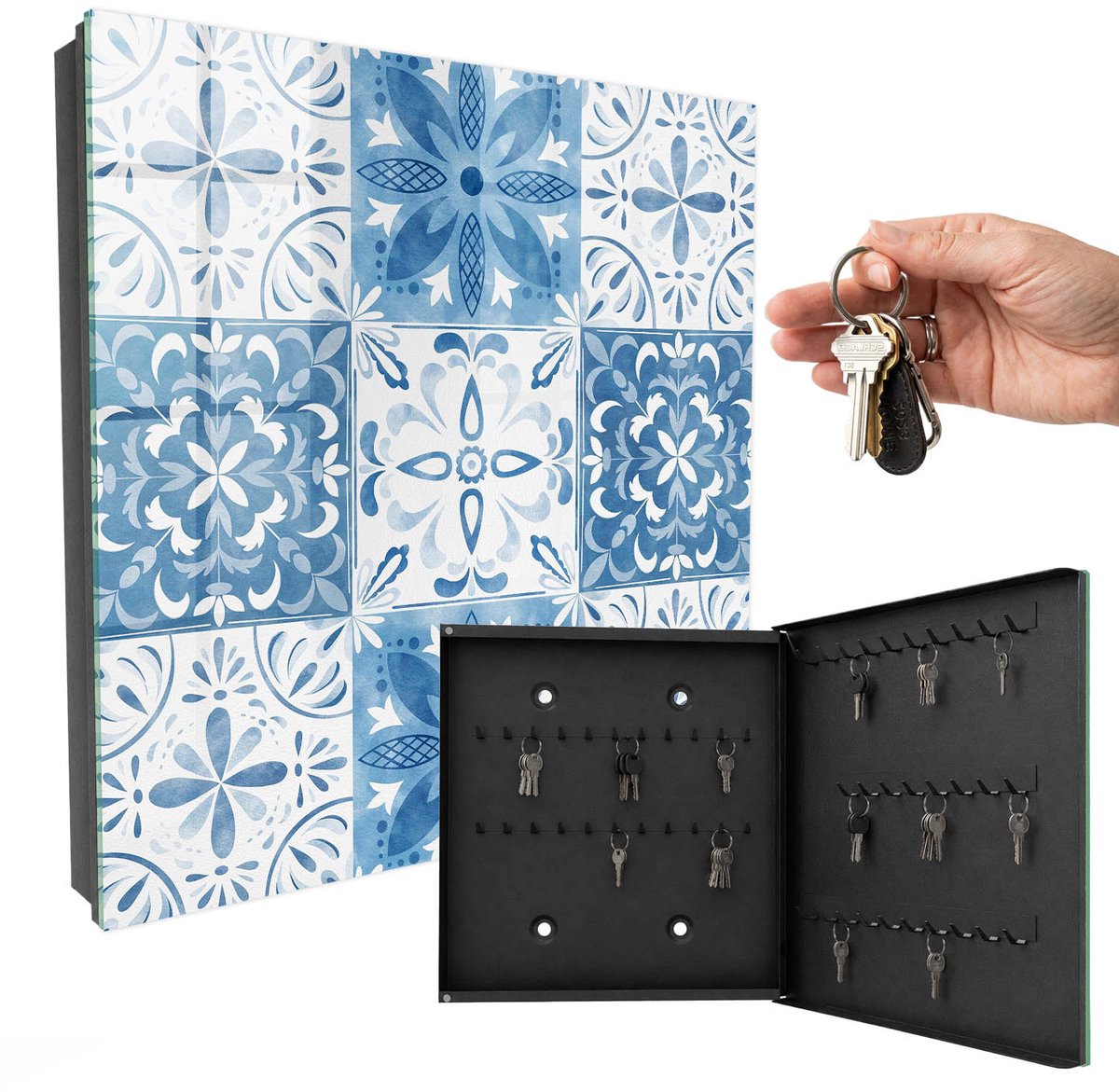WallMuralia - Sleutelkast - 30x30x5 cm - met 50 haken - Geometrische Tegels Sleutelkastje Landelijk - Blauw Sleutelbox - Rechtsopenend - Zwart interieur
