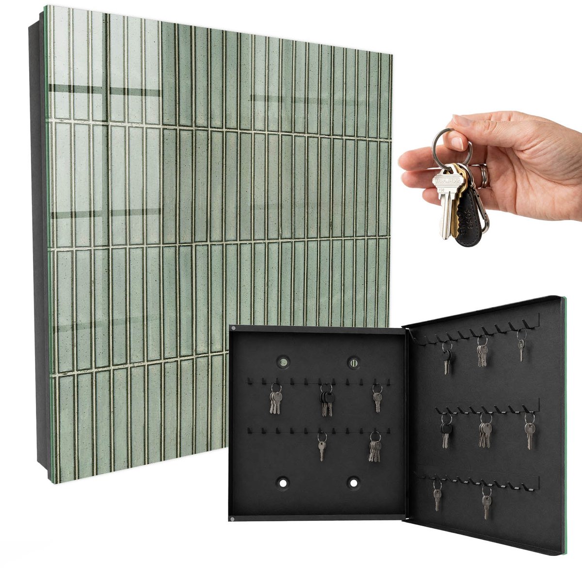 WallMuralia - Sleutelkast - 30x30x5 cm - met 50 haken - Groen Patroon Sleutelkastje Landelijk - Groente Sleutelbox - Rechtsopenend - Zwart interieur