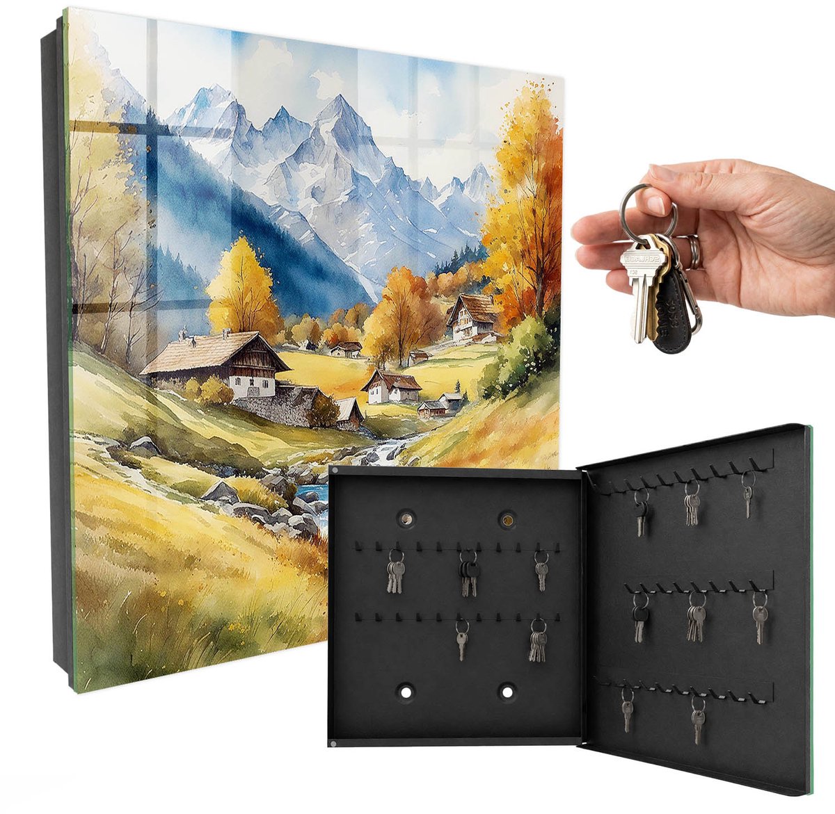 WallMuralia - Sleutelkast - 30x30x5 cm - met 50 haken - Bergvrede Sleutelkastje Modern - Geel Sleutelbox - Rechtsopenend - Zwart interieur