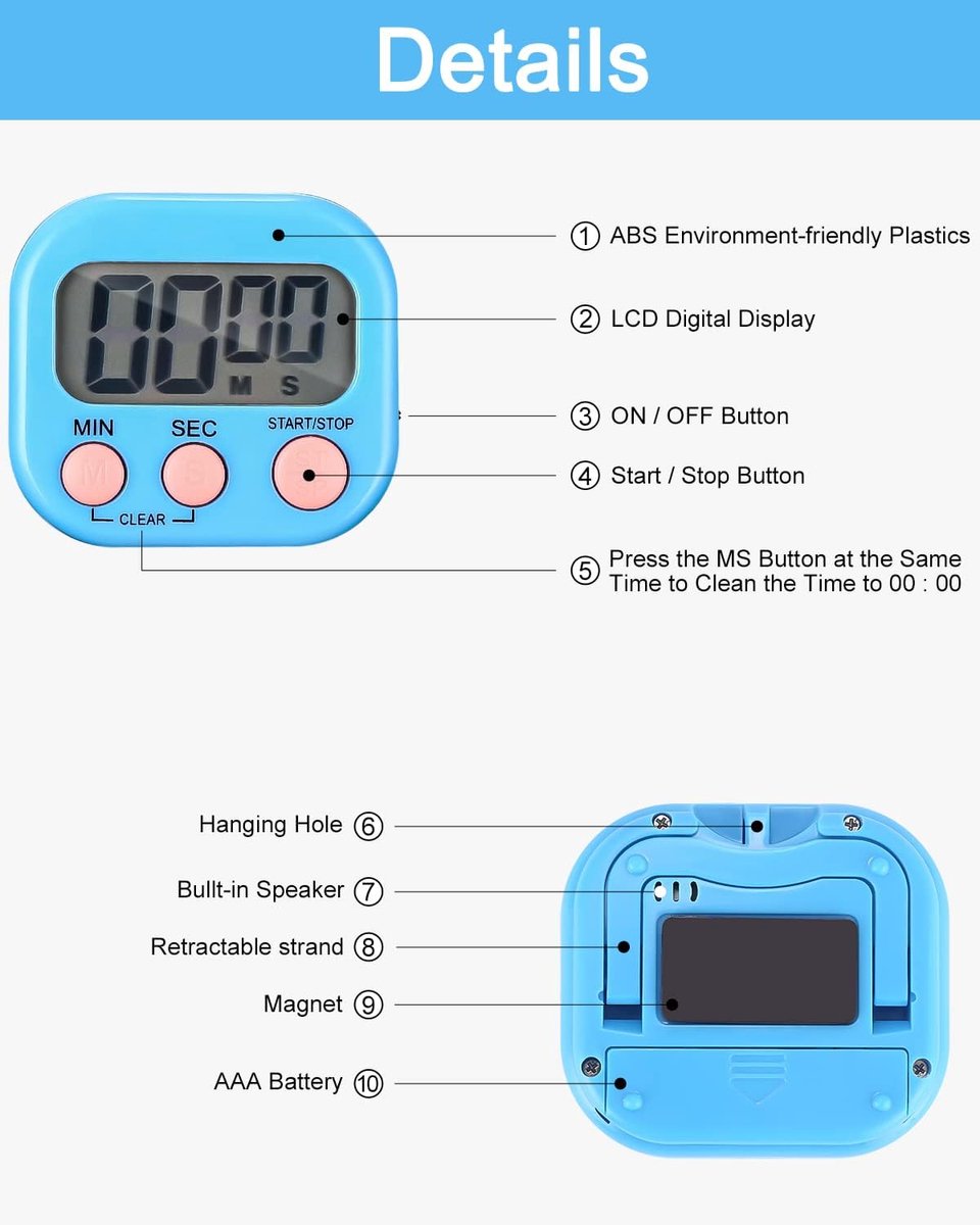 keukentimer, 4 stuks, met magneet en standaard, luid alarm, telling en achteruittelling voor bakken, studio, fysieke training
