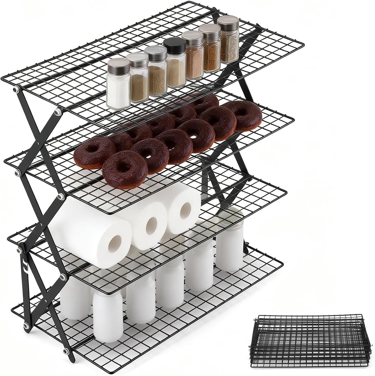 Afkoelrooster met 4 verdiepingen, stapelbaar, taartrooster, afkoelrooster, meerdere verdiepingen, veelzijdig als bakrooster, campingtafel, keukenrek, ideaal voor barbecue, grillen, bakken, zwart