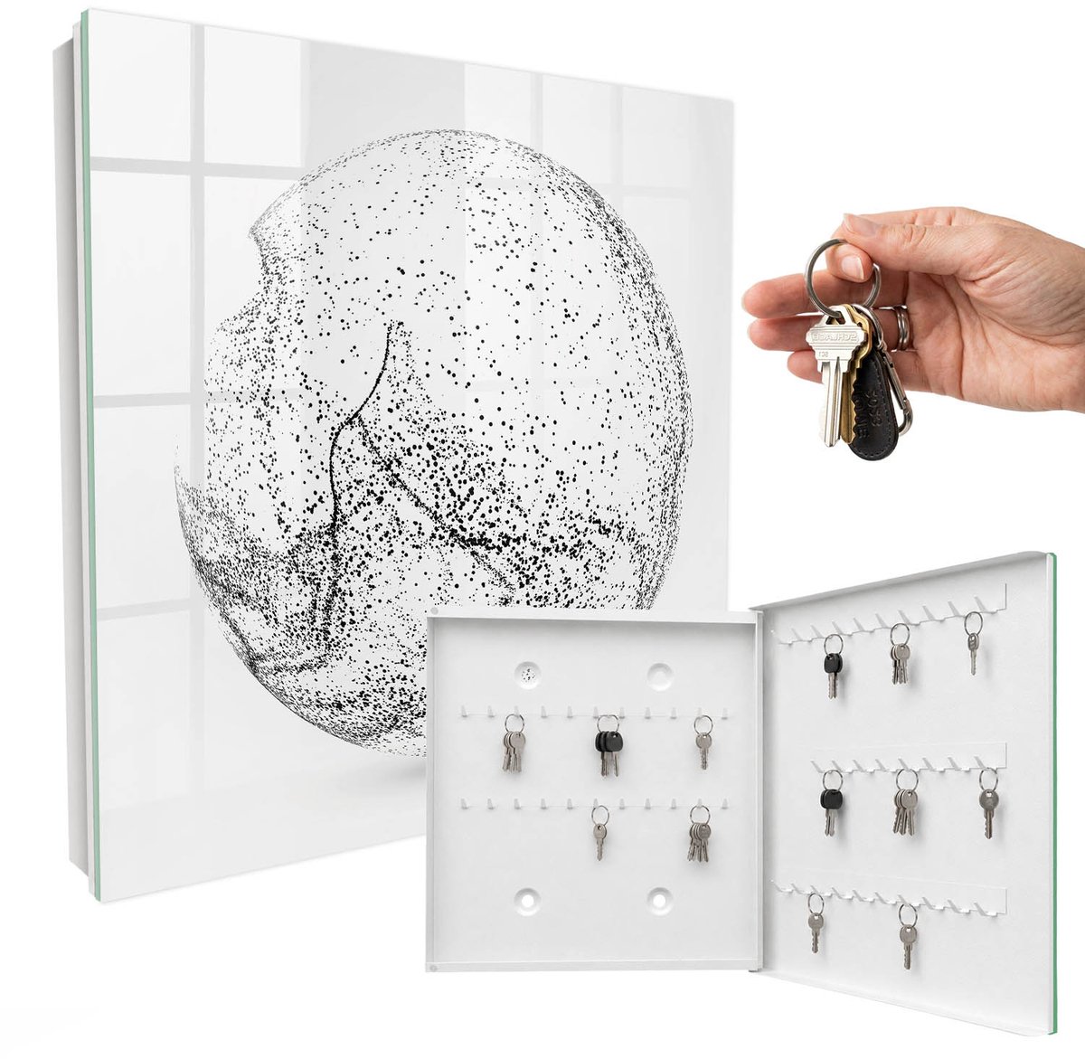 WallMuralia - Sleutelkast - 30x30x5 cm - met 50 haken - Abstracte Ruimte Sleutelkastje Huis - Grijs Sleutelbox - Rechtsopenend - Wit interieur
