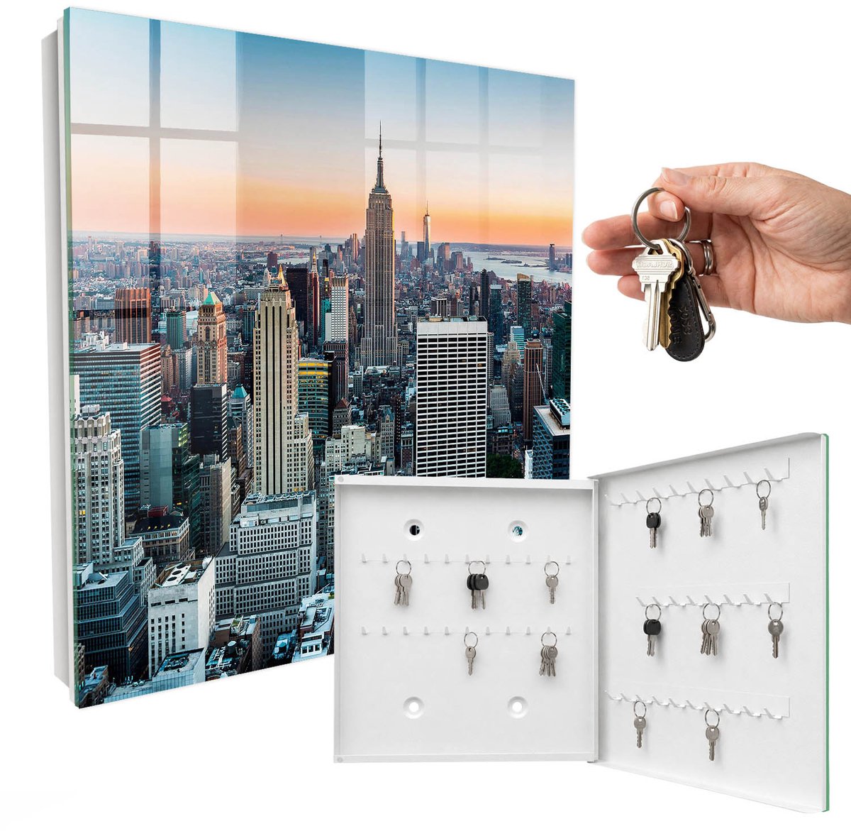 WallMuralia - Sleutelkast - 30x30x5 cm - met 50 haken - Stadspanorama Sleutelkastje Gang - Grijs Sleutelbox - Rechtsopenend - Wit interieur