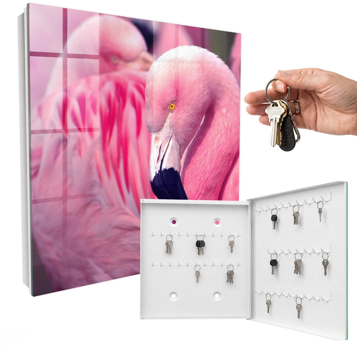 WallMuralia - Sleutelkast - 30x30x5 cm - met 50 haken - Roze Schoonheid Sleutelkastje Industrieel - Roze Sleutelbox - Rechtsopenend - Wit interieur
