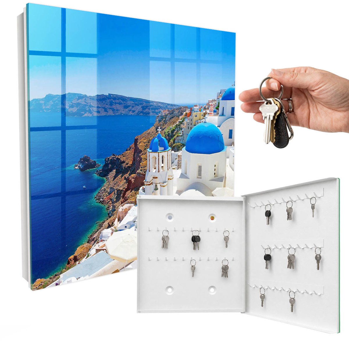 WallMuralia - Sleutelkast - 30x30x5 cm - met 50 haken - Grieks Eiland Sleutelkastje Hal - Blauw Sleutelbox - Rechtsopenend - Wit interieur