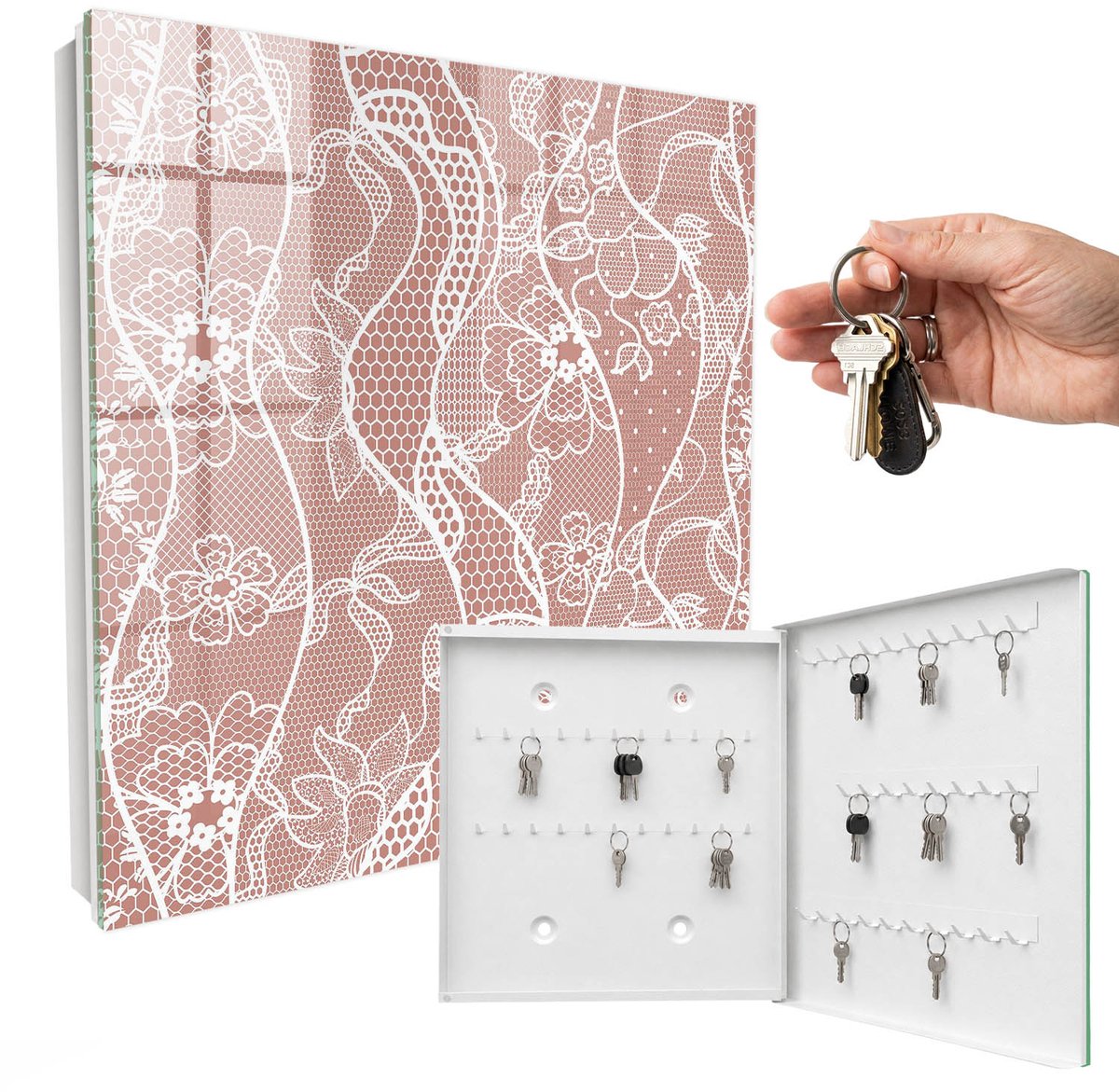 WallMuralia - Sleutelkast - 30x30x5 cm - met 50 haken - Elegant Kant Sleutelkastje Binnen - Bruin Sleutelbox - Rechtsopenend - Wit interieur