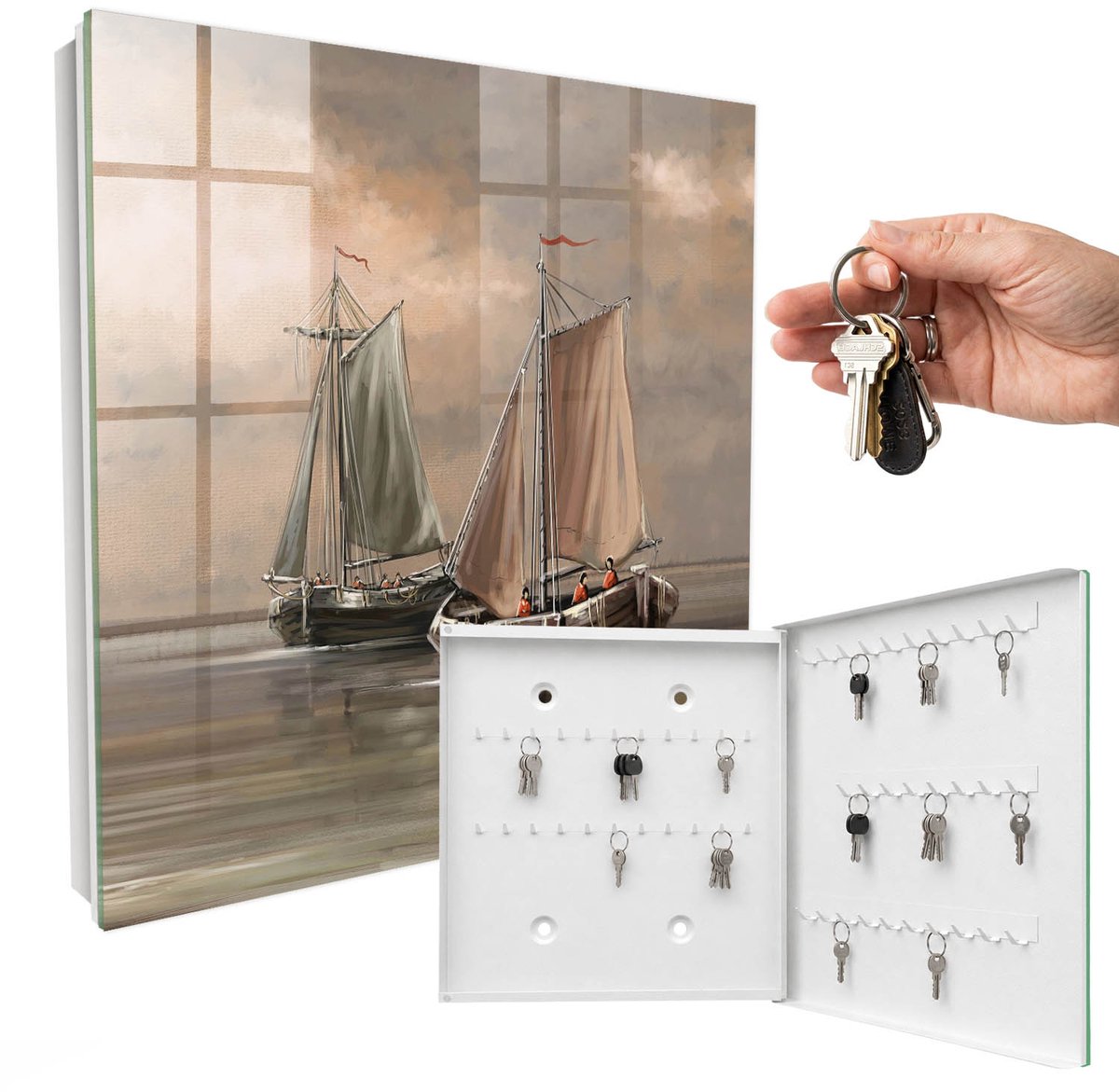 WallMuralia - Sleutelkast - 30x30x5 cm - met 50 haken - Zeezeilschepen Design Sleutelkastje - Beige Sleutelbox - Rechtsopenend - Wit interieur