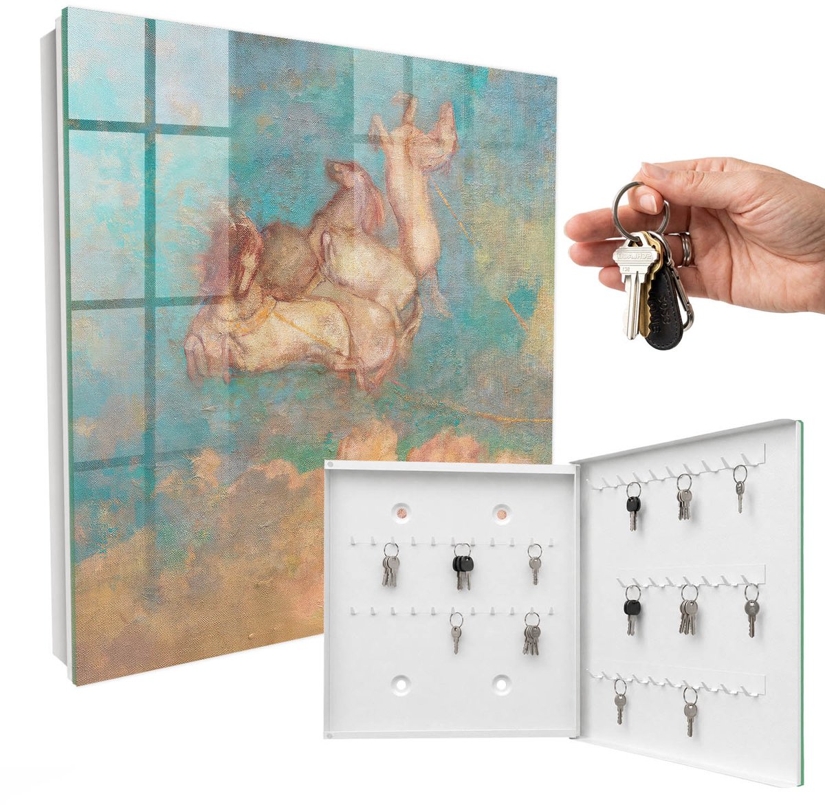 WallMuralia - Sleutelkast - 30x30x5 cm - met 50 haken - Een Droom Die Uitkomt Sleutelkastje Huis - Turkoois Sleutelbox - Rechtsopenend - Wit interieur