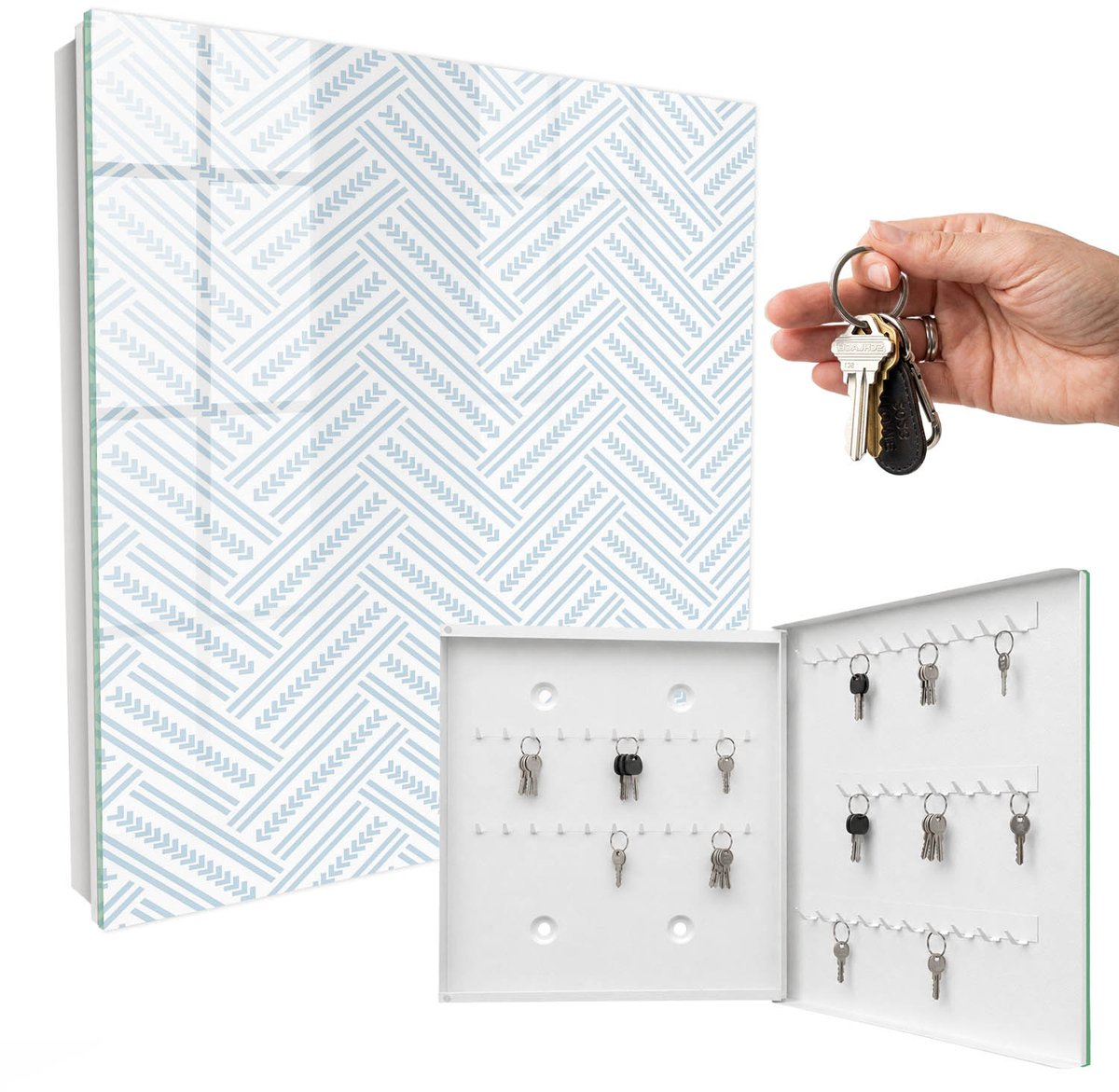 WallMuralia - Sleutelkast - 30x30x5 cm - met 50 haken - Subtiele Visgraat Sleutelkastje Landelijk - Wit Sleutelbox - Rechtsopenend - Wit interieur