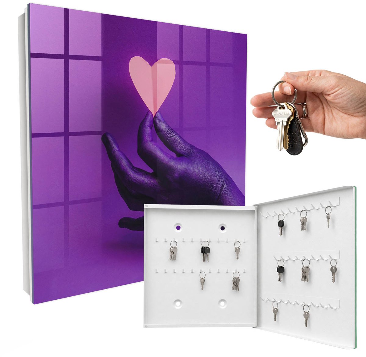 WallMuralia - Sleutelkast - 30x30x5 cm - met 50 haken - Paarse Liefde Sleutelkastje Klein - Paars Sleutelbox - Rechtsopenend - Wit interieur