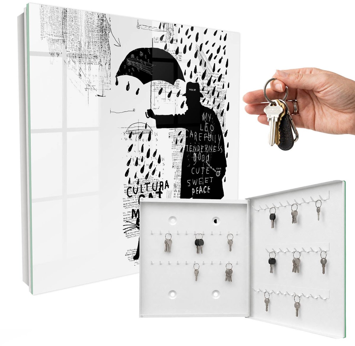 WallMuralia - Sleutelkast - 30x30x5 cm - met 50 haken - Zwart Silhouet Sleutelkastje Muur - Zwart Sleutelbox - Rechtsopenend - Wit interieur