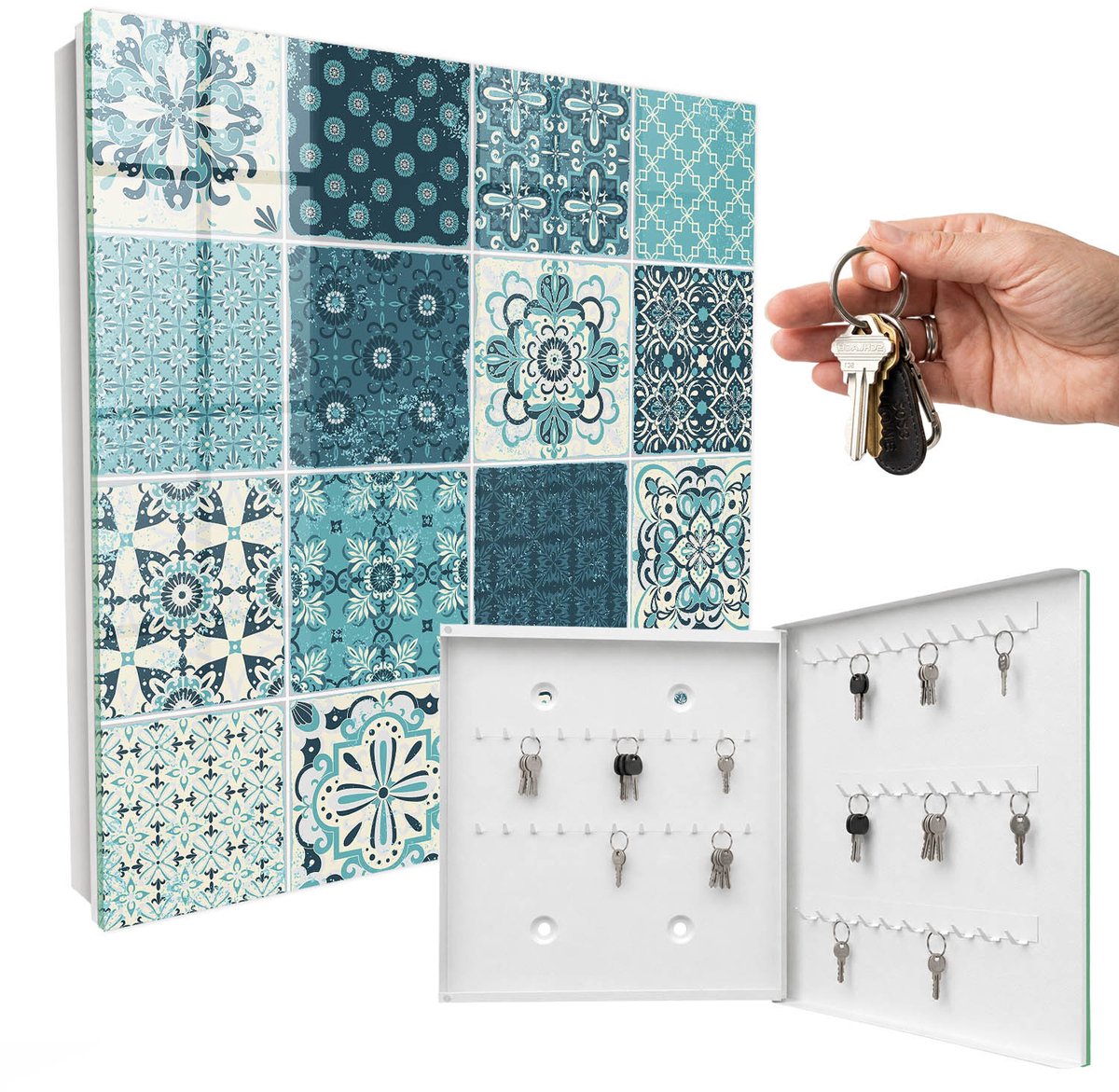 WallMuralia - Sleutelkast - 30x30x5 cm - met 50 haken - Retro Mozaïek Sleutelkastje Hal - Turkoois Sleutelbox - Rechtsopenend - Wit interieur