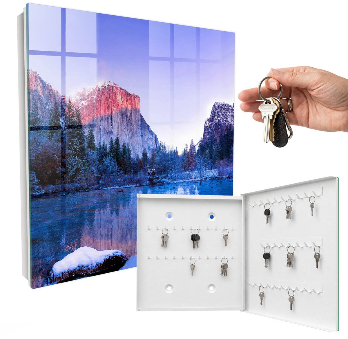 WallMuralia - Sleutelkast - 30x30x5 cm - met 50 haken - De Magie Van Het Landschap Groot Sleutelkastje - Blauw Sleutelbox - Rechtsopenend - Wit interieur