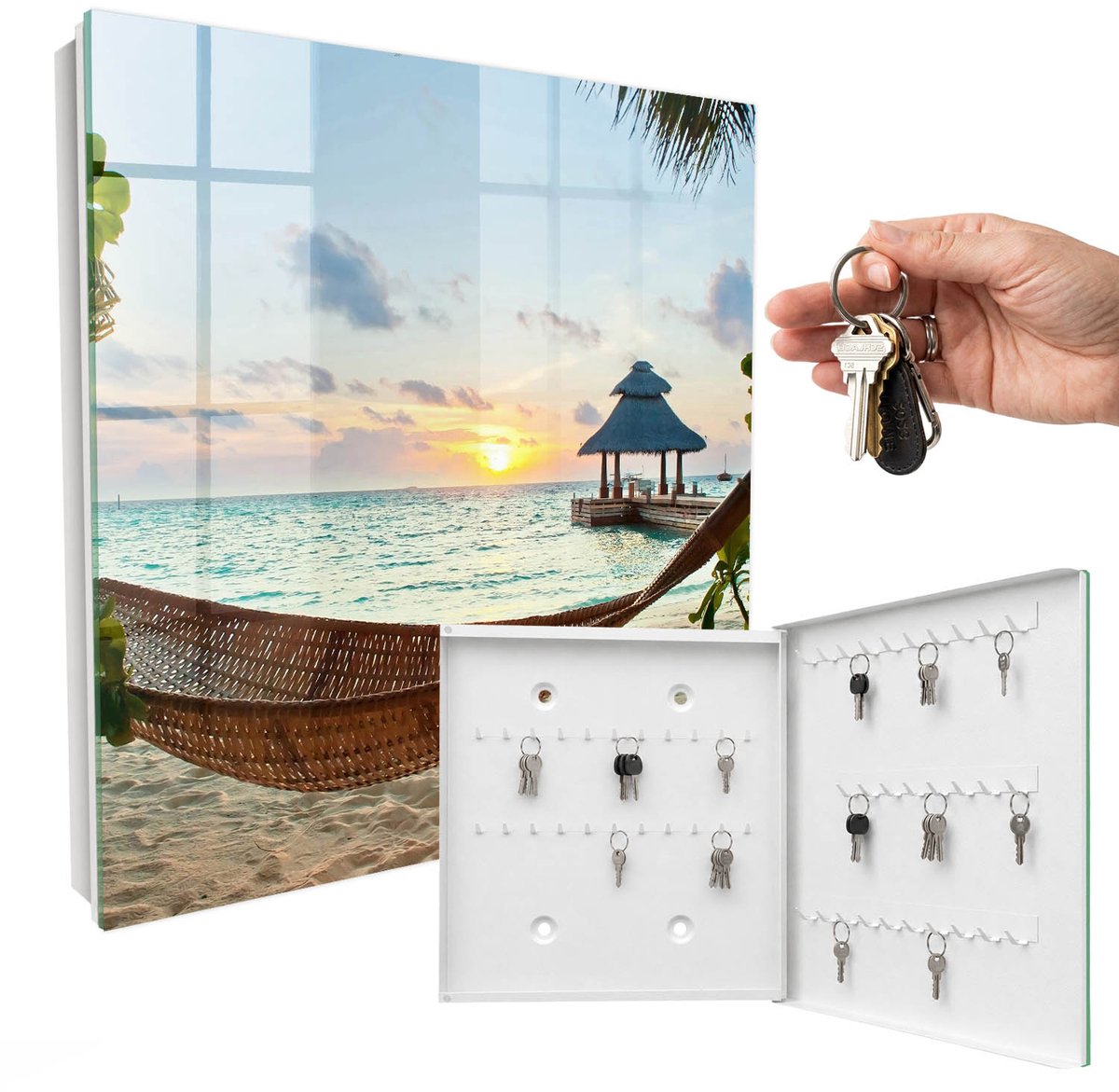 WallMuralia - Sleutelkast - 30x30x5 cm - met 50 haken - Ontspanning Aan Het Strand Sleutelkastje Huis - Blauw Sleutelbox - Rechtsopenend - Wit interieur