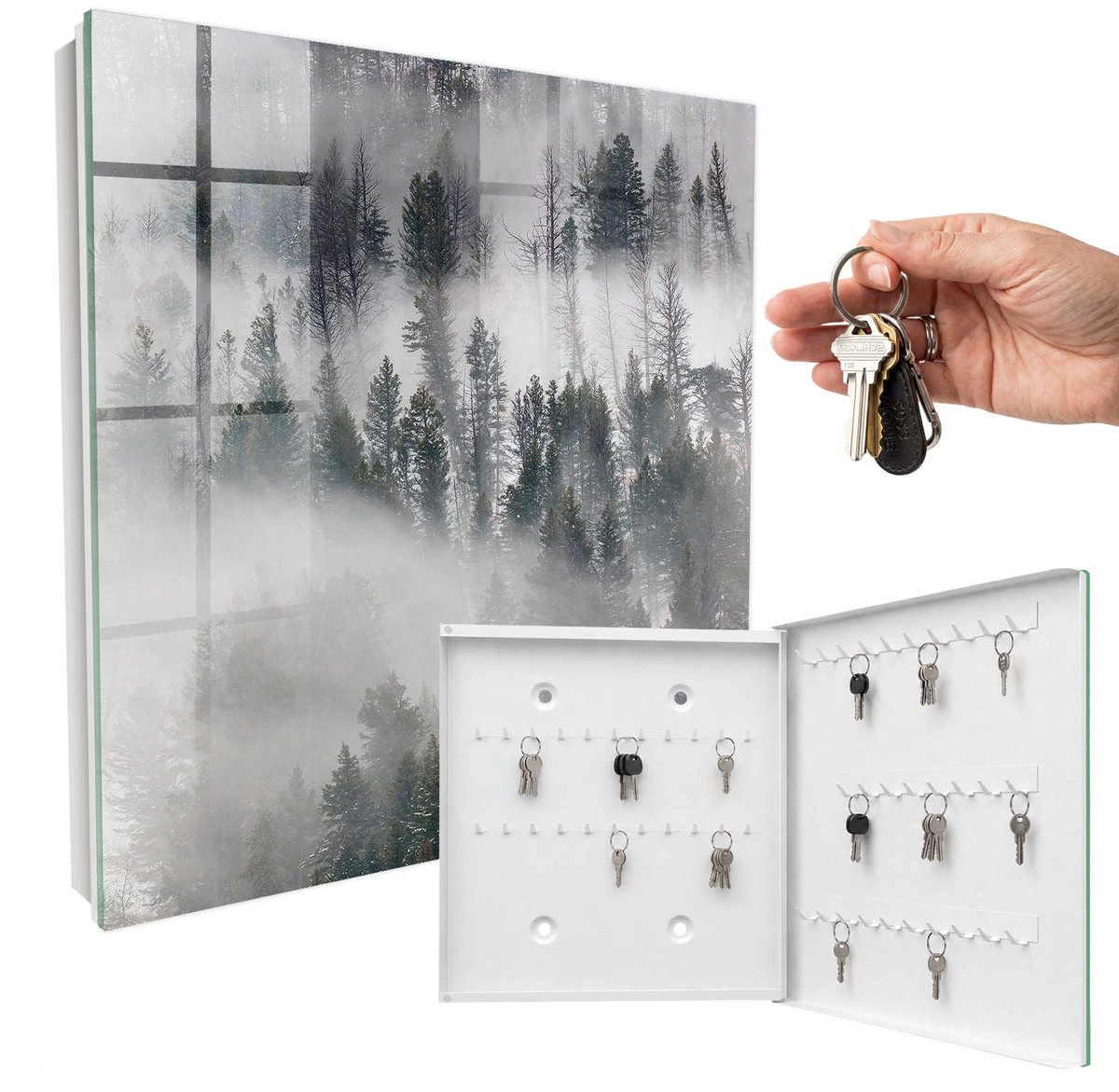 WallMuralia - Sleutelkast - 30x30x5 cm - met 50 haken - Mistig Groen Sleutelkastje Design - Groente Sleutelbox - Rechtsopenend - Wit interieur