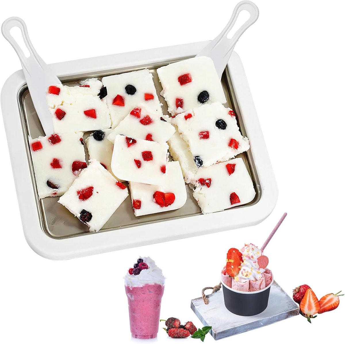 Onmiddellijke ijsmachine, op rol met 2 spatels, koude plaat voor ijs, zelfgemaakte handmatige ijsmachine, bevroren yoghurt, sorbet