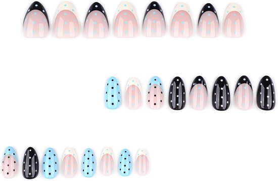 Dot Pers Op Nagels Amandelvorm Franse Kunstnagels Met Witte En Zwarte Stippen, Middelgrote Nepnagels Met Volledige Bedekking Om Op Te Plakken Voor Dames — afbeelding 3