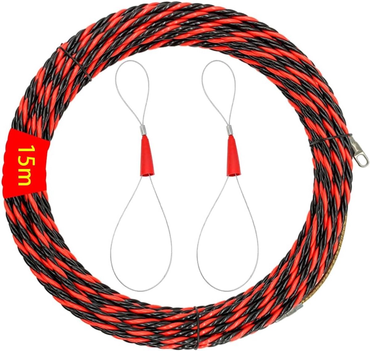 Kabeltoevoerhulp, 15 m, polyester intrekdraad met 2 geleidingsveren, ideale trekhulp voor het leggen van kabels, 6 mm diameter (rood en zwart)
