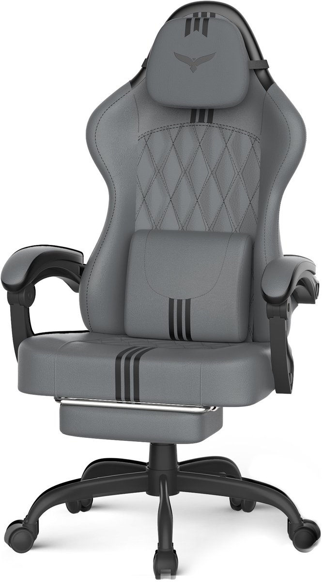 Arvioo Gaming Stoel LW610 - Voetensteun - Massage lendenkussen - Verstelbaar - Grijs-Zwart Kunstleer
