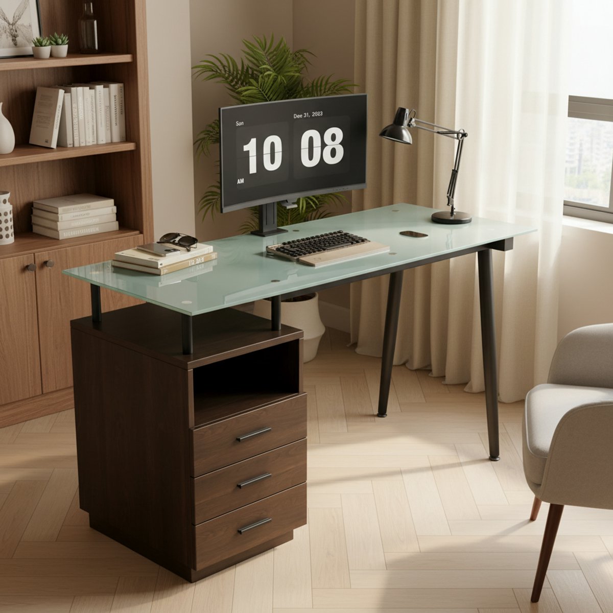 Pugsdrly 130 x 50 x 75 cm modern bureau met glazen blad, stalen buisframe, drie lades en open opbergvak, gehard melkglas, zwarte handgrepen, bruin