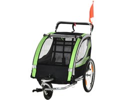 ECTEATOY® 2-in-1 Kinderfietskar & Wandelwagen - Voor 1 of 2 Kinderen - Met Veiligheidsgordel, Vlag & Opbergvakken - Groen