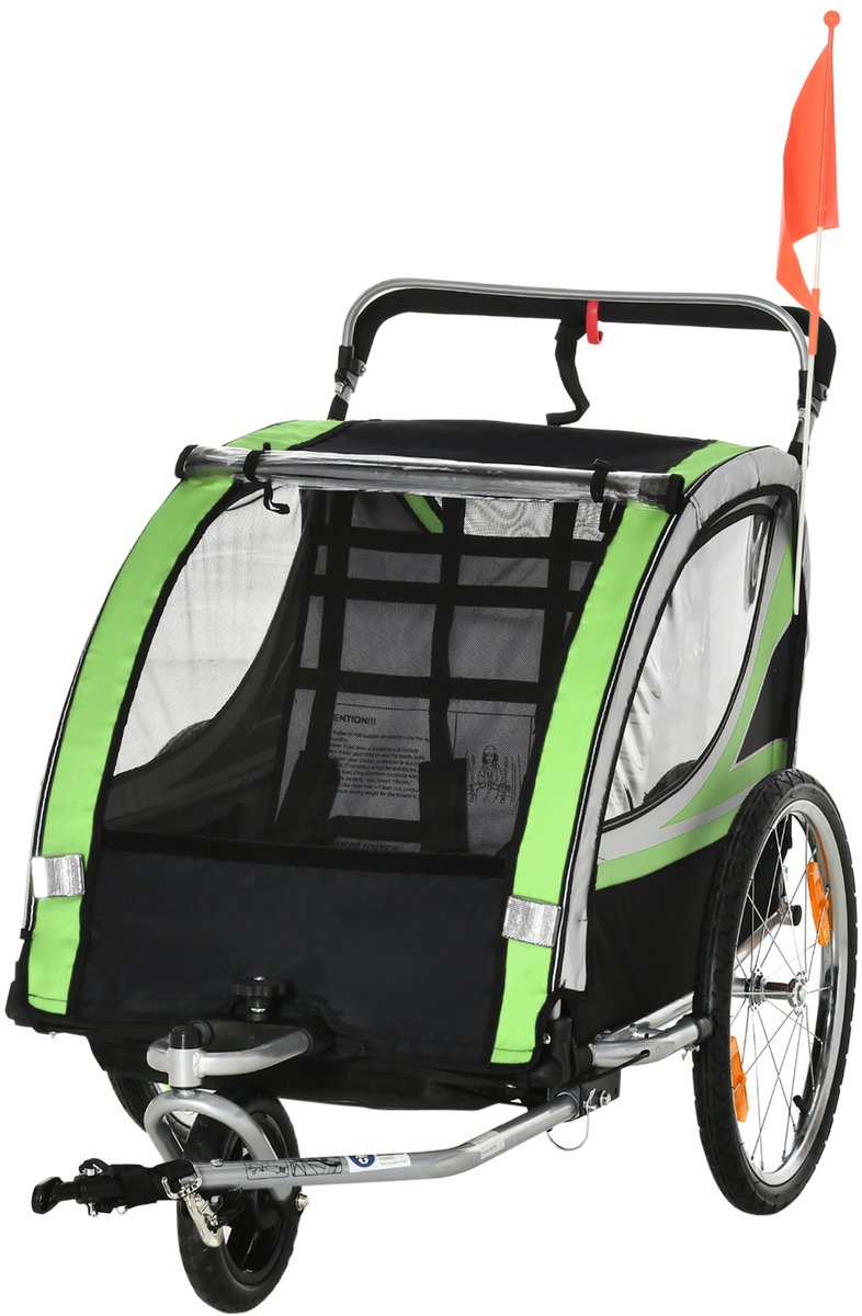 ECTEATOY® 2-in-1 Kinderfietskar & Wandelwagen - Voor 1 of 2 Kinderen - Met Veiligheidsgordel, Vlag & Opbergvakken - Groen