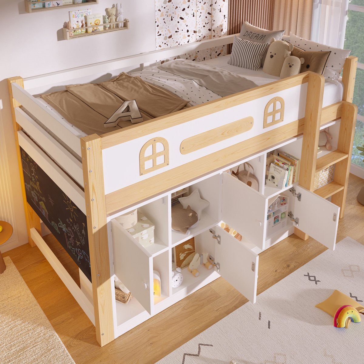 REDOM - Halfhoogslaper - Met krijtbord en opbergvakken - Met ladder - Kinderkamer - Hout en MDF - Wit en naturel - 205 x 94,5 x 120 cm