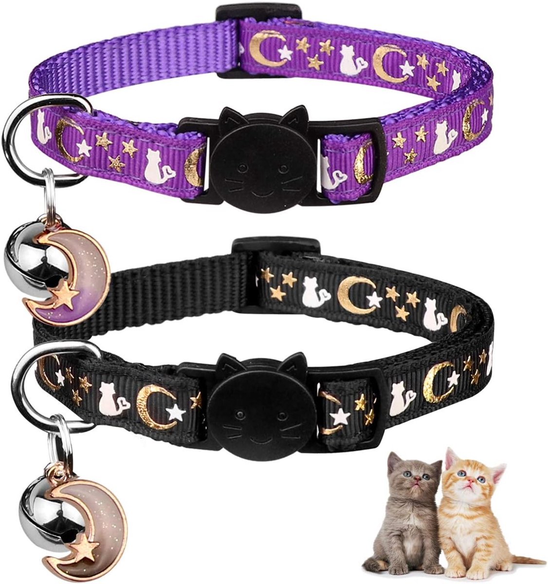 Kattenhalsbanden met Bel - Maan & Sterren Hanger - Verstelbaar Veilig - Glow in The Dark - Zwart & Paars - - 2 Stuks