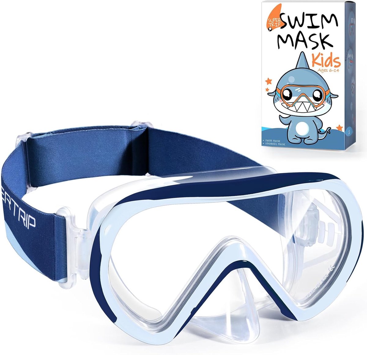 SnelShoppen - Supertrip Kinderzwembril met Neusafdekking voor Kinderen 6-14 Jaar, Gehard Glas, Stoffen Riem, Zwembril en Snorkelmasker voor Jongens en