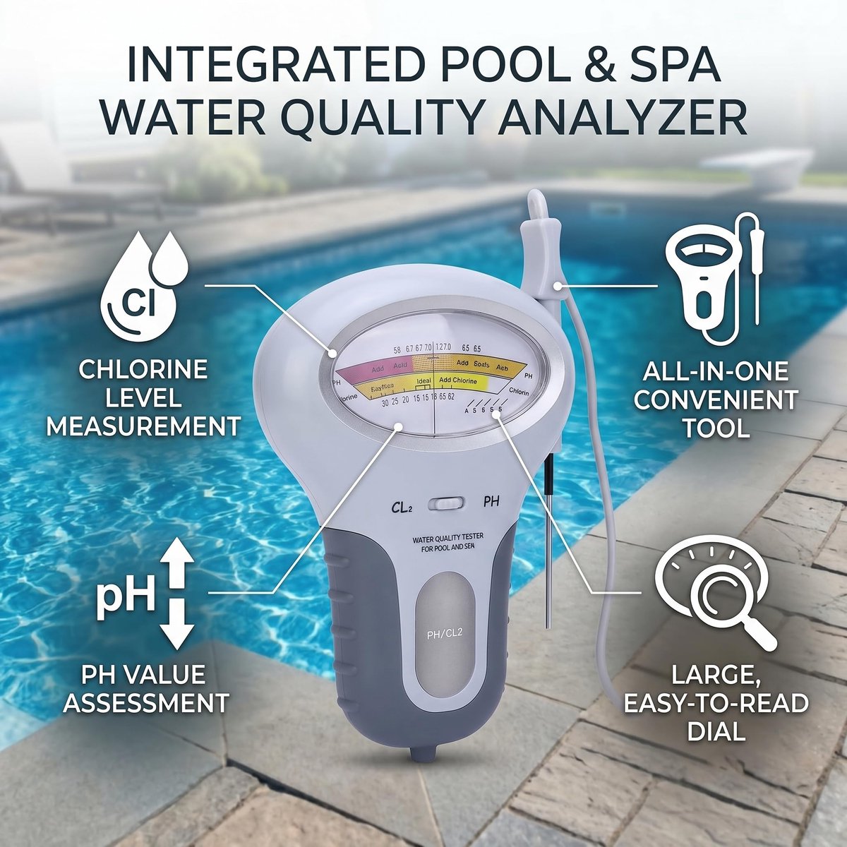 SnelShoppen - Zwembad Water Test Kit PC-102B CL2 Chloor & PH Tester Waterkwaliteit Analyzer met Sonde voor Zwembad, Spa en Tuin
