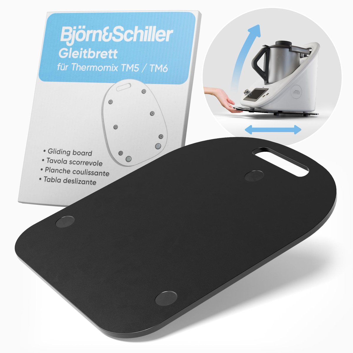 SnelShoppen - Schuifplank voor Thermomix TM6 en TM5, hoogwaardige acryl onderlegger met teflon-glijders en antislip rubberen pads, rolplank in zwart v