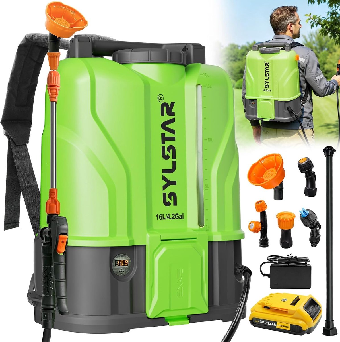 SnelShoppen - Accu Rugspuit 16L, 8.3Bar Drukspuit Compatibel Met DeWalt 18V Accu, Rugspuit Met Verstelbare Snelheid, 5 Spuitmonden, Voor Tuin & Gazon