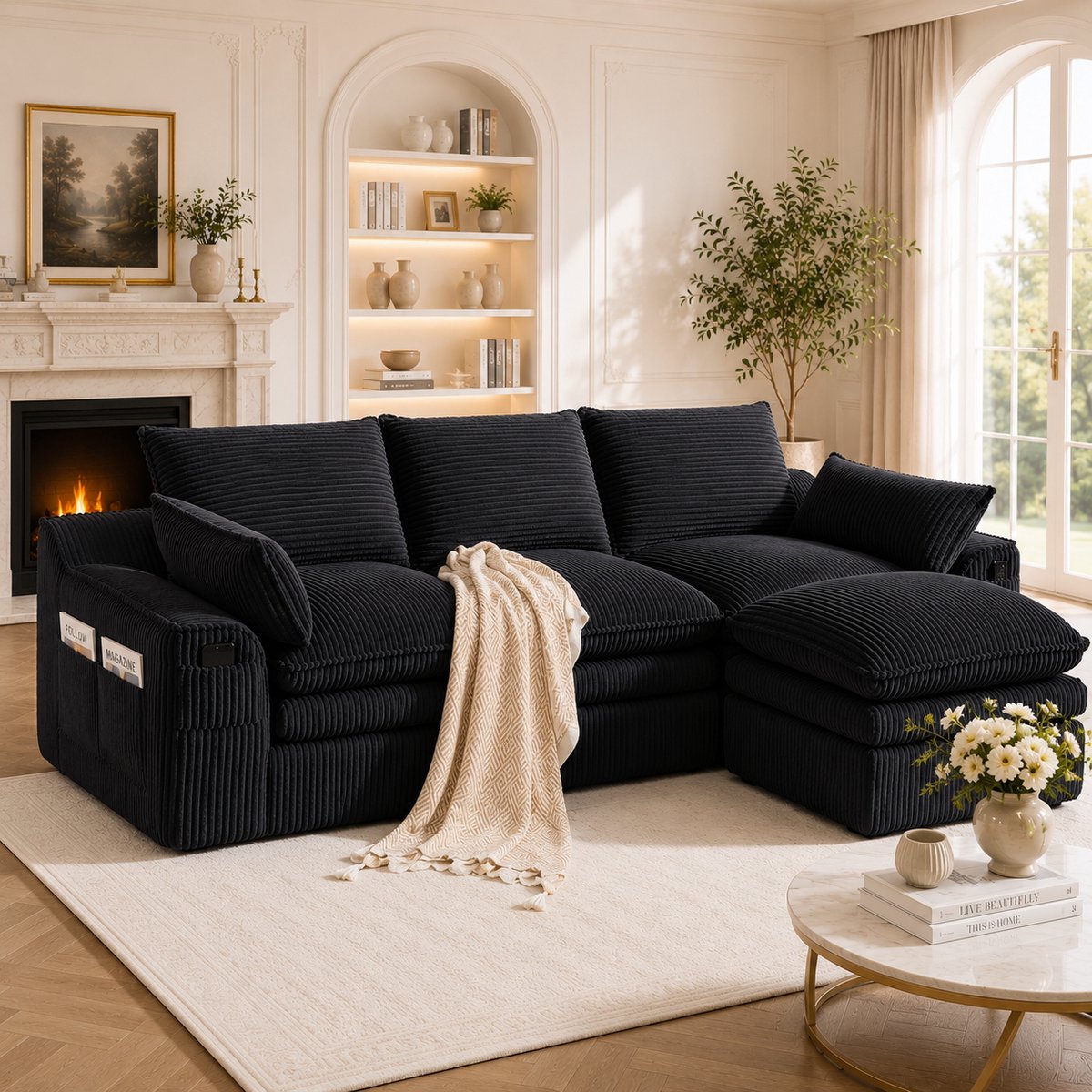 Modulaire Hoekbank Corduroy - 3 Persoons Lounge Sofa Met Hocker En Opbergtas Zwart