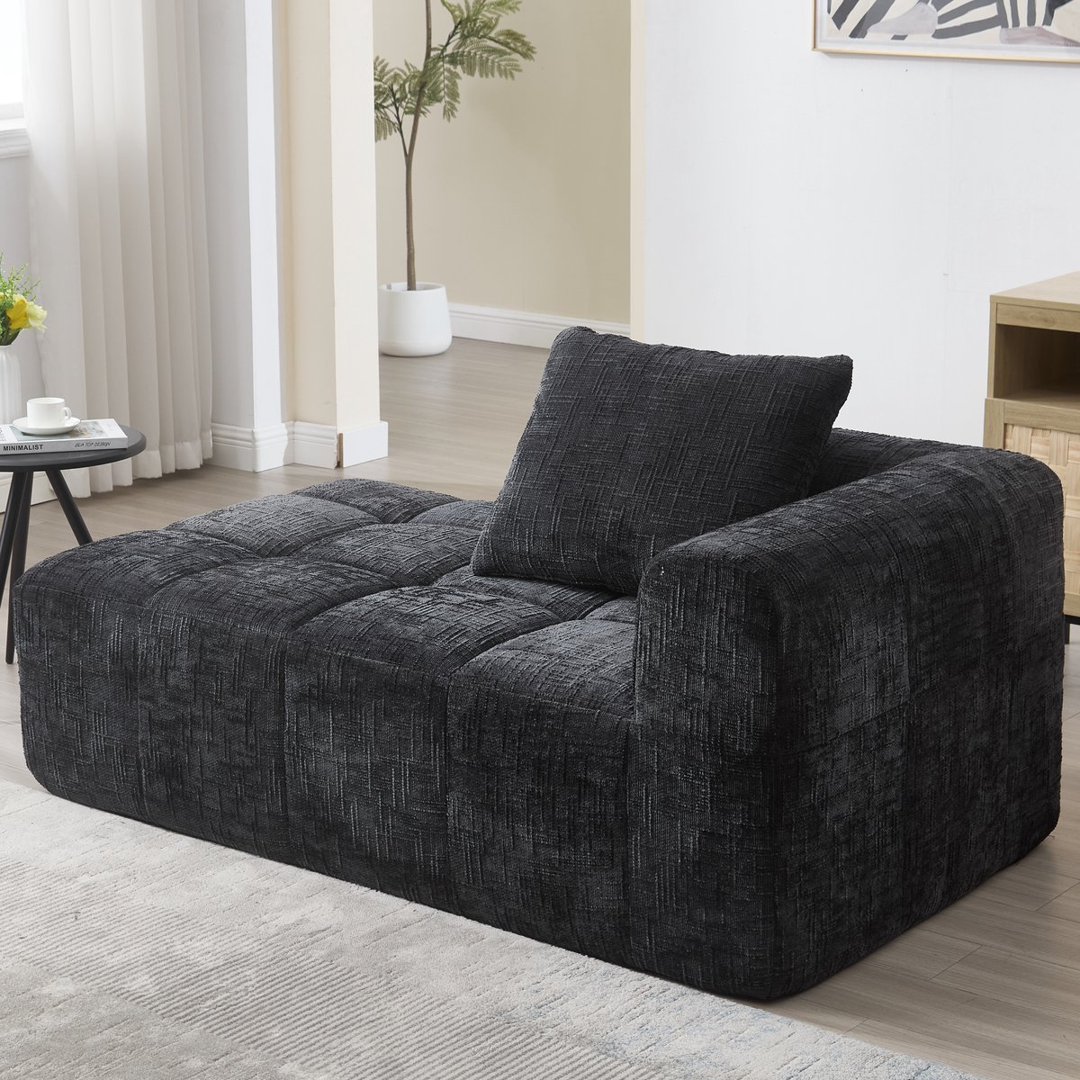 Lounge Fauteuil Chenille Zwart - Chaise Longue Stoel Zonder Montage Met Zijvak
