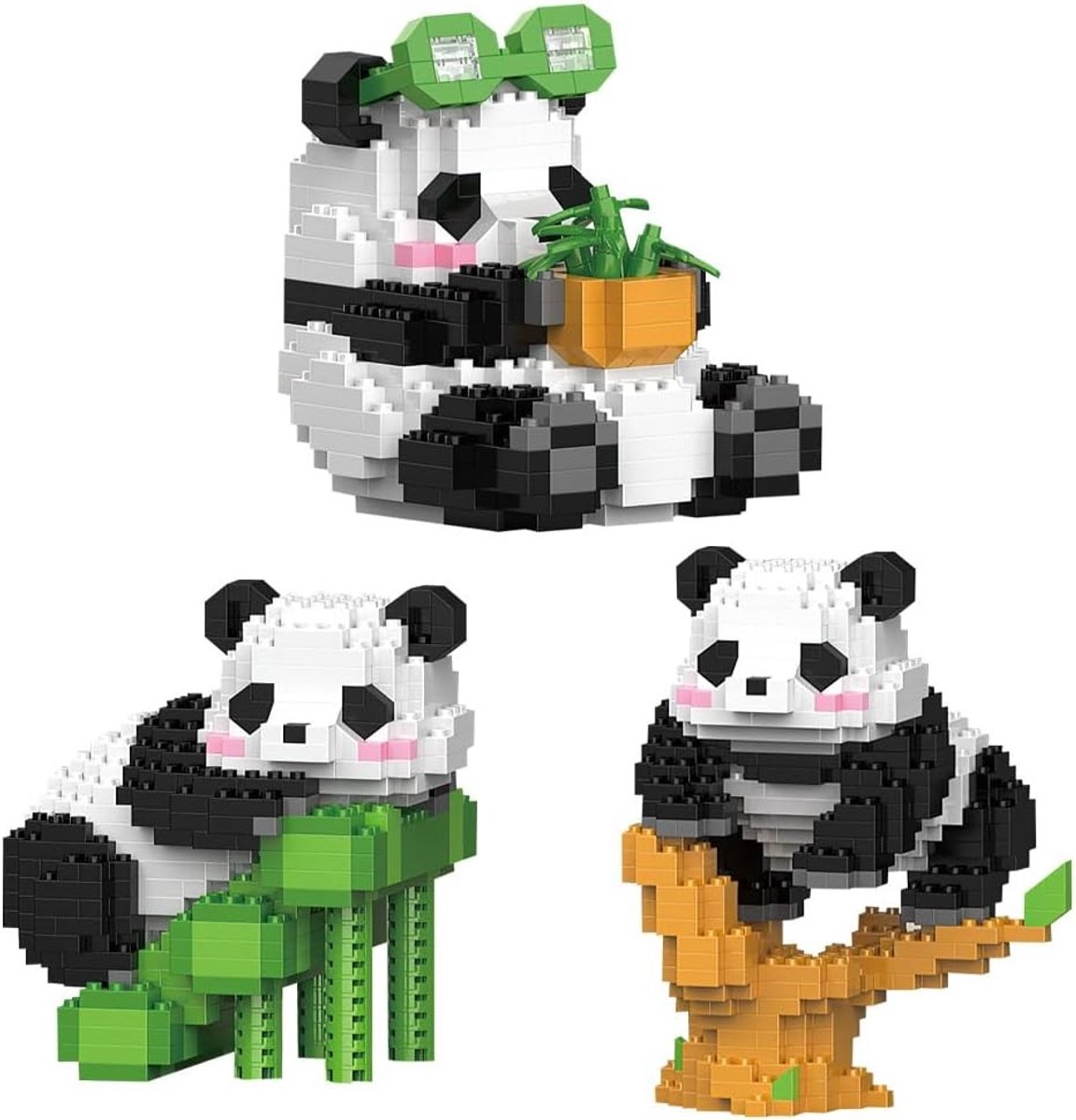 Mini-bouwstenen set met 3 schattige panda's, klembouwstenen, 3-in-1 dierenbouwset voor kinderen en volwassenen, creatief speelgoed