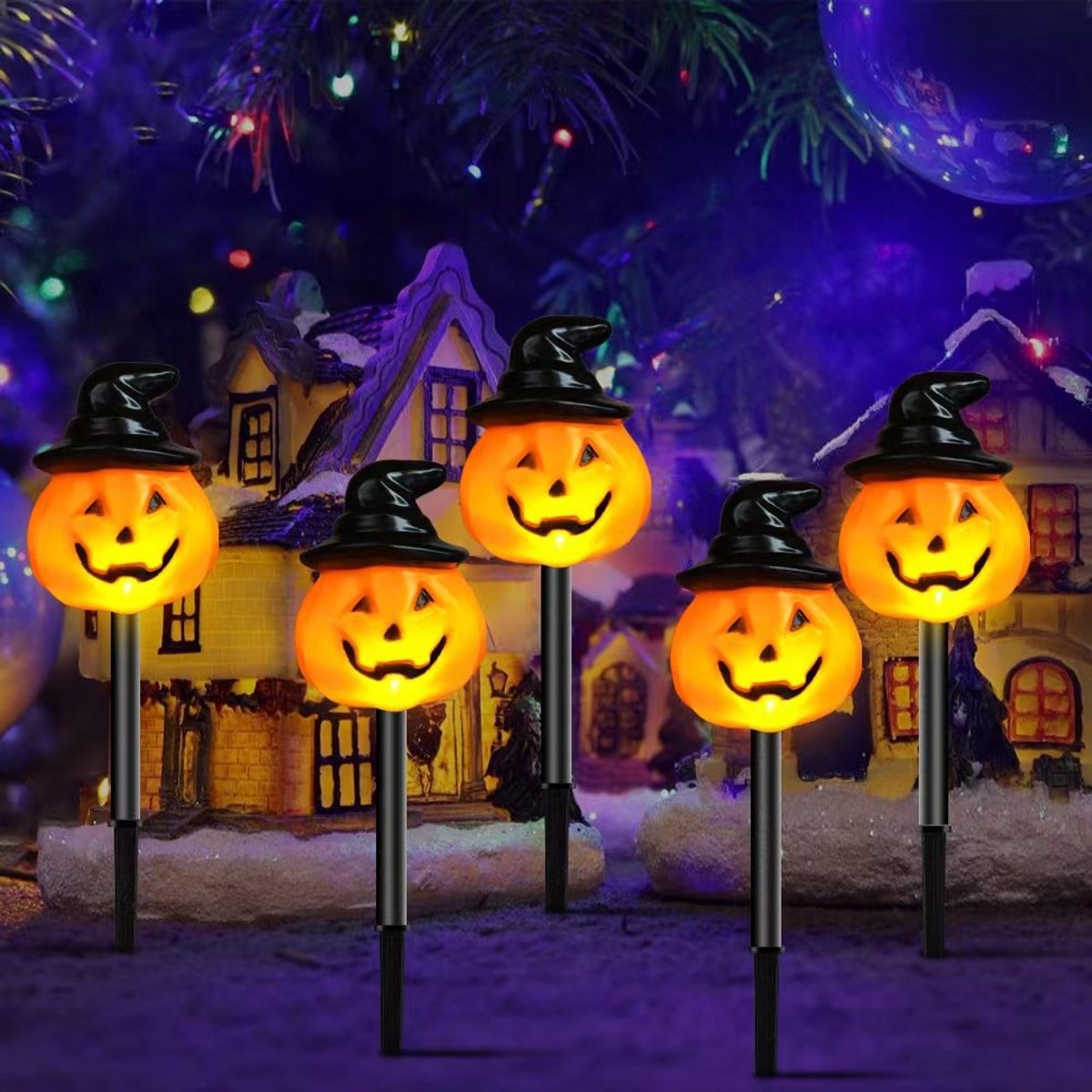 5 Stuks Solar Halloween Jack O'Lantern Paallichtjes - Oranje Tuinpadverlichting voor Buitendecoratie