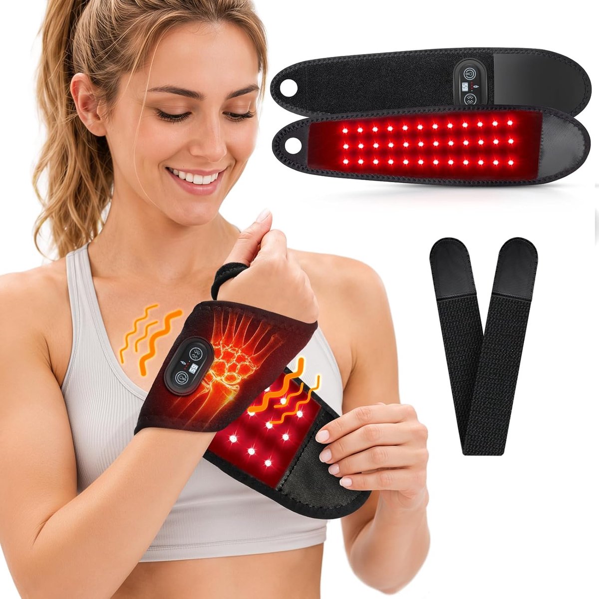 Roodlichttherapie voor de pols: 108 LED's, 5 warmtestanden, 5 vibratiestanden, 3000mAh-controller | 660/850nm infrarood licht, 20 minuten timer, draadloze wrap voor carpaal tunnelsyndroom, geschikt voor pols, knie, enkel en arm