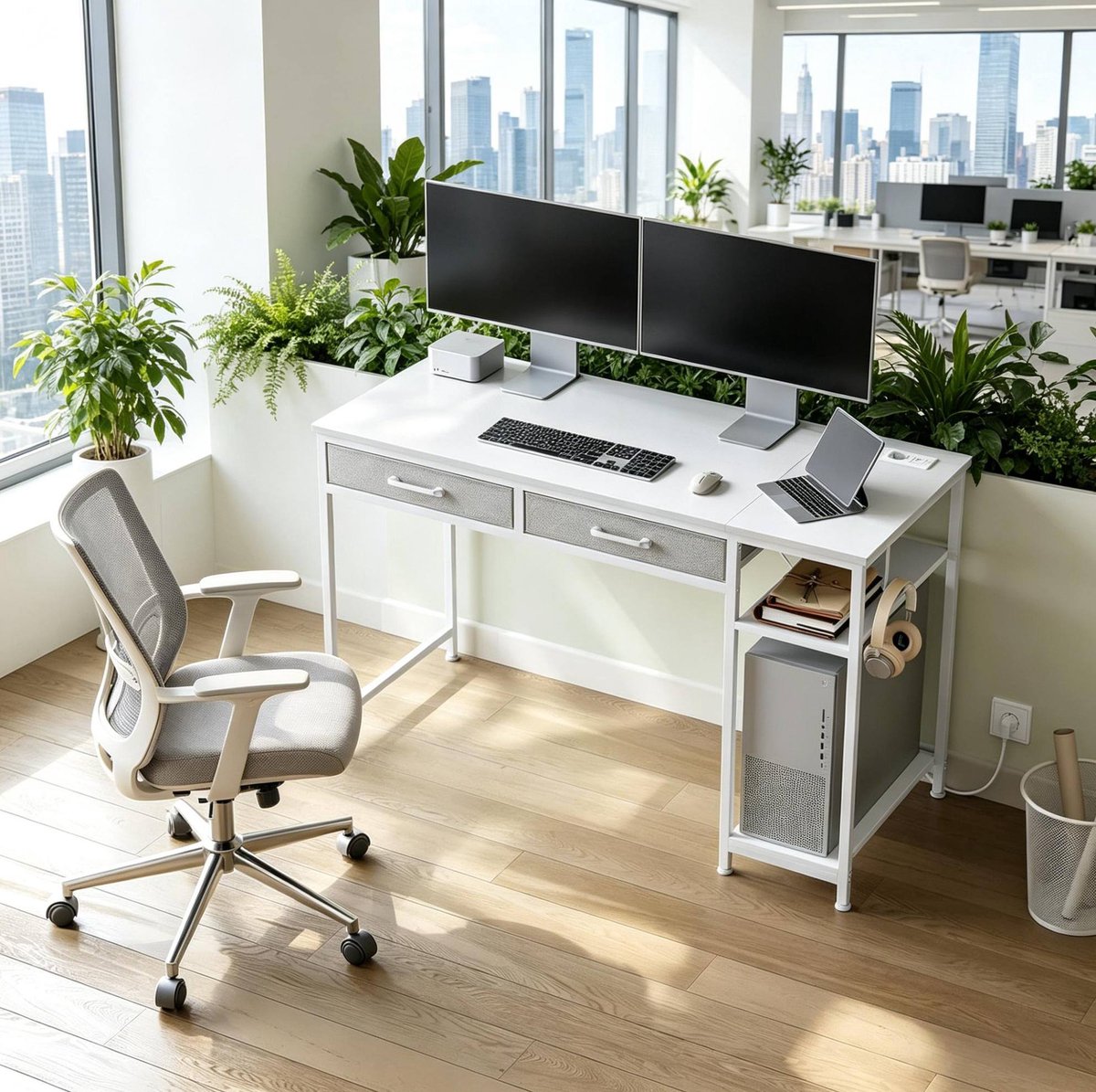 COVREO Bureau 120 x 51 x 75 cm wit, met 2 lades, zijrek en oplaadpunt