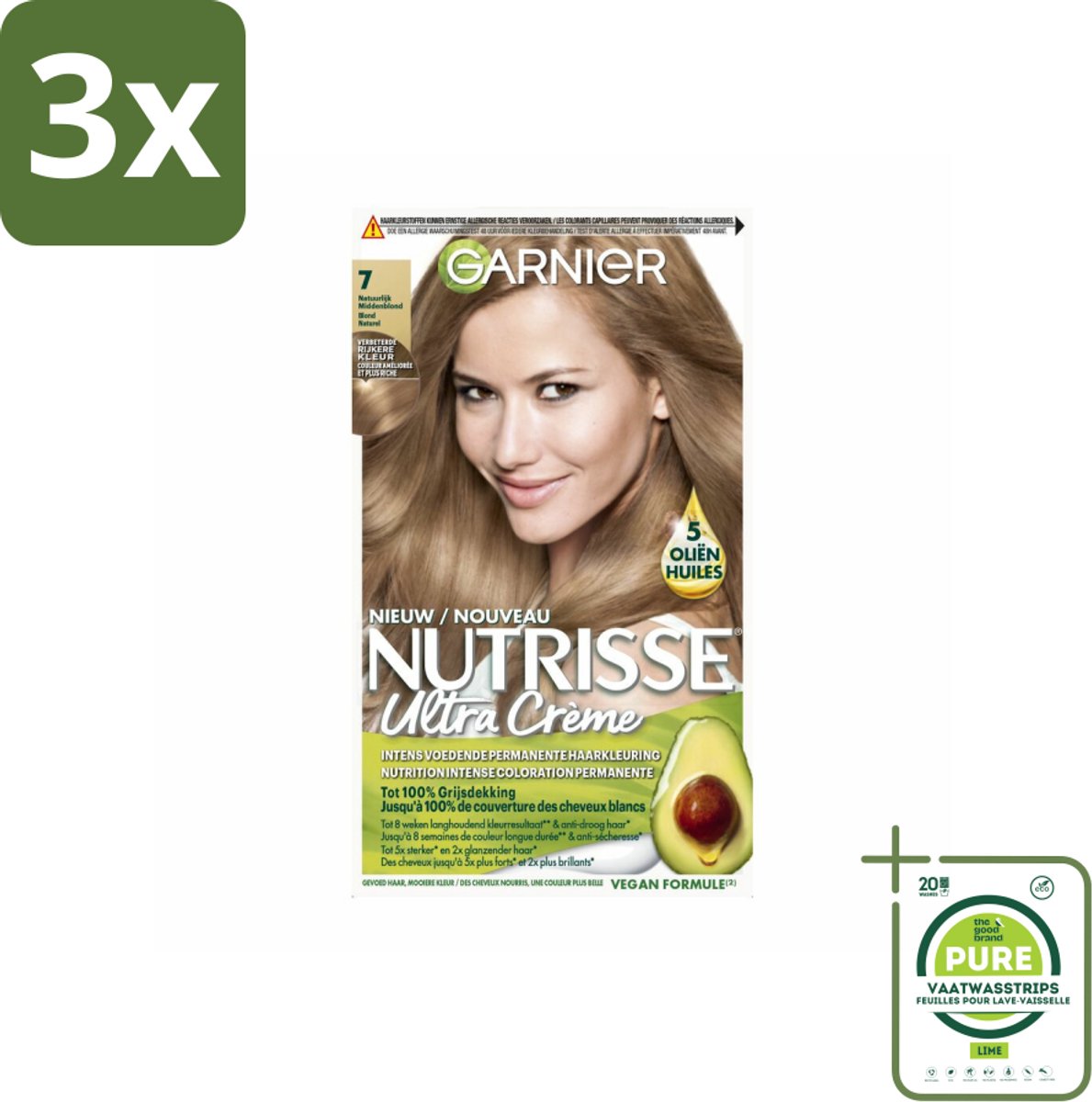 3 x Garnier - Nutrisse Ultra Crème 7 - Haarkleuring - Natuurlijk Blond - Intens Voedend - Permanente Kleur - Grootverpakking - Haarverf - Permanente Haarkleuring - Blond Haar - Grijsdekking - Voedende Haarkleuring