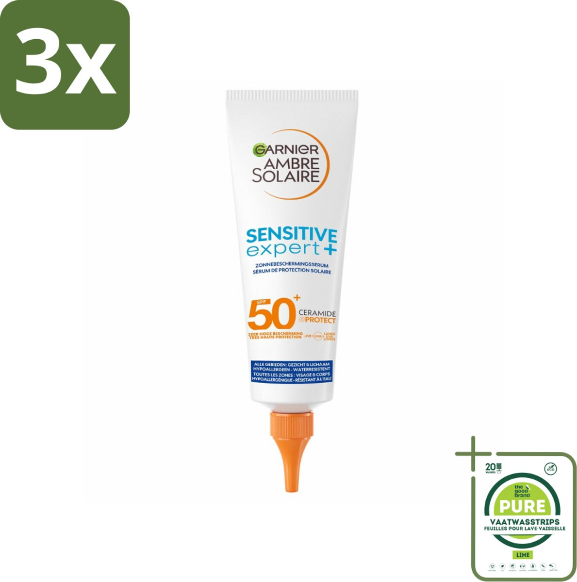 3 x Garnier - Ambre Solaire - Zonnebrandserum - Sensitive Expert - SPF 50+ - 125 ml - Grootverpakking - Zonbescherming - Zonnebrand - Gevoelige Huid - SPF 50+ - Serum