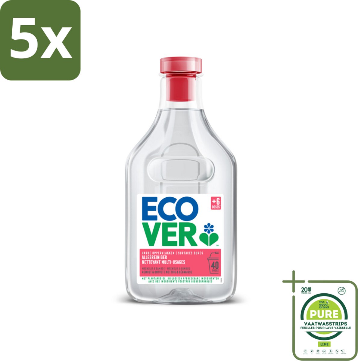 5 x Ecover - Allesreiniger - Magnolia & Bamboe - 1 liter - Grootverpakking - Allesreiniger - Schoonmaakmiddel - Biologisch Afbreekbaar - Plantaardige Reiniger - Magnolia