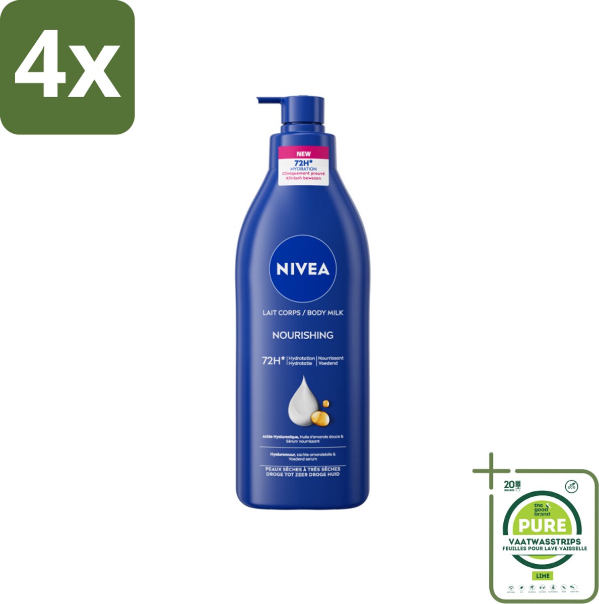Nivea - Nourishing - Body Milk met Pomp - Voor Droge tot Zeer Droge Huid - 72 uur Hydratatie - 400 ml - Voordeelverpakking - 4 stuks - NIVEA bodylotion - Hydraterende bodylotion