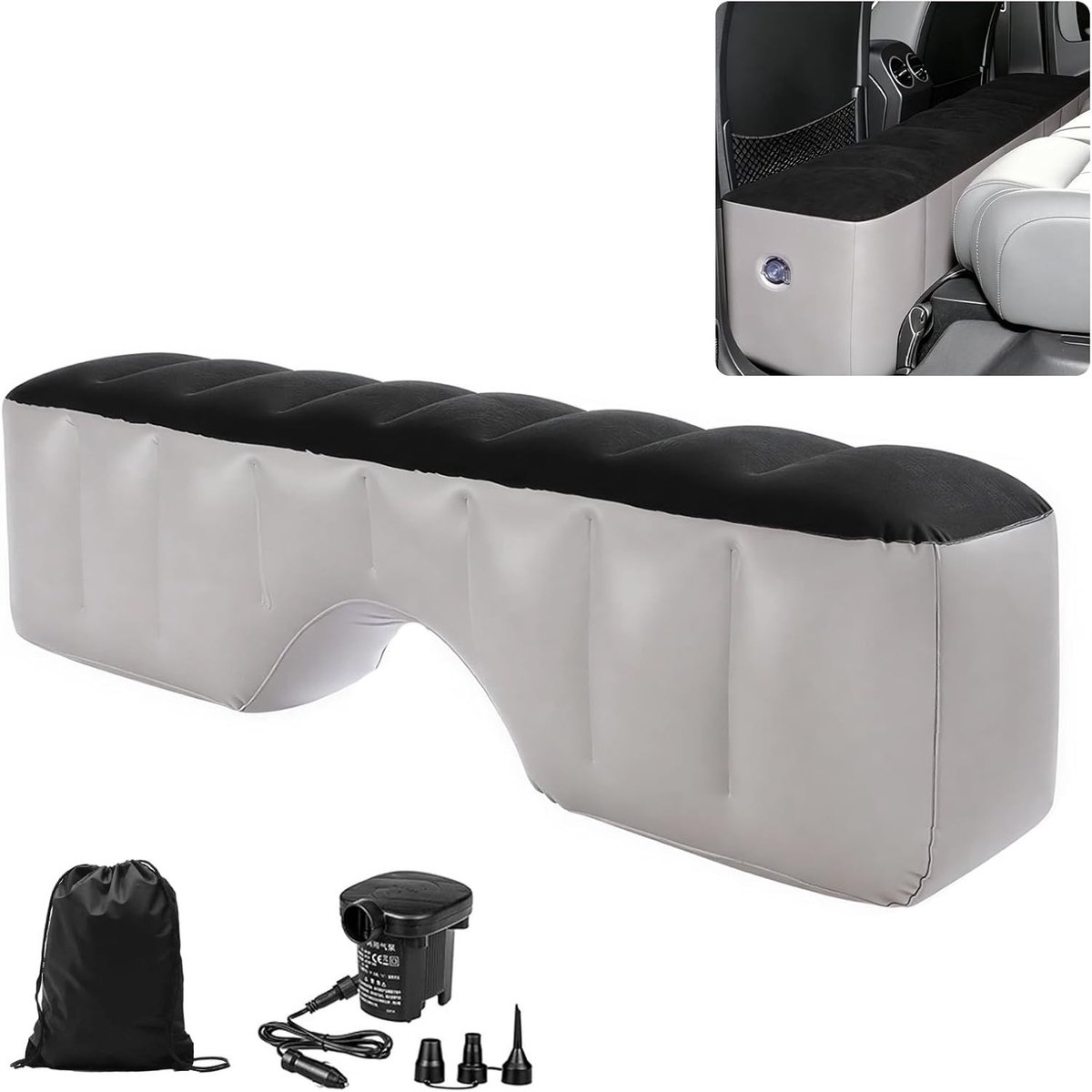Luchtbed Achterbank - Automatras Opblaasbaar - Comfortabel Reizen - Versterkte Dubbele Kamer - 130 x 27 cm - Grijs