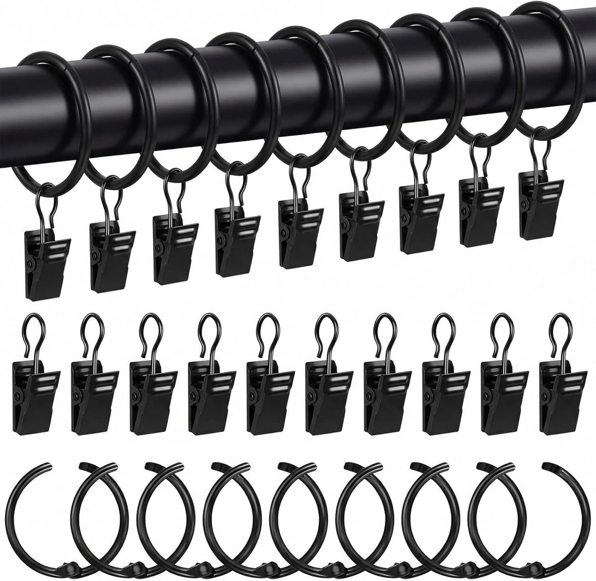 25 Gordijnringen met Clips van Roestvrij Staal, Eenvoudig te Openen en Sluiten, Geschikt voor Gordijnstangen, Raamdecoratie en Douchegordijnen, Binnen Diameter 32mm, Zwart