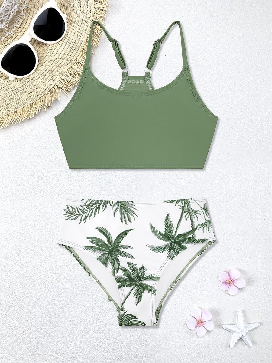 3-delig bedrukt badpak voor meisjes, hoge taille, bikini-set met cover-up broek