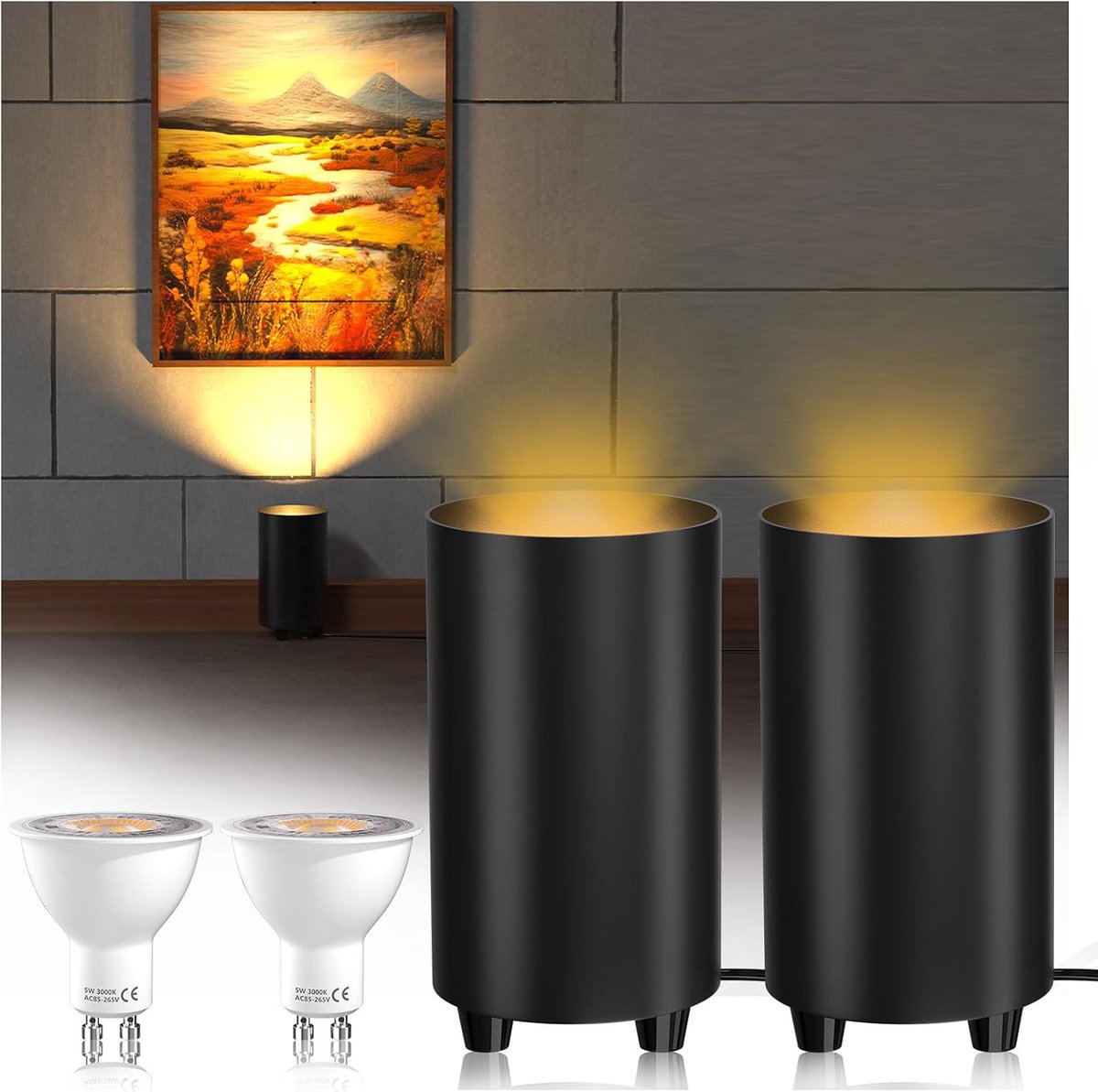 Vloerspot Uplight, 5W Bodenstrahler voor Indirecte Verlichting Staalamp met Voetschakelaar, 2X GU10 Warm Wit 3000K LED-lampen, Niet Dimbaar, Zwart (Set van 2 Stuks)