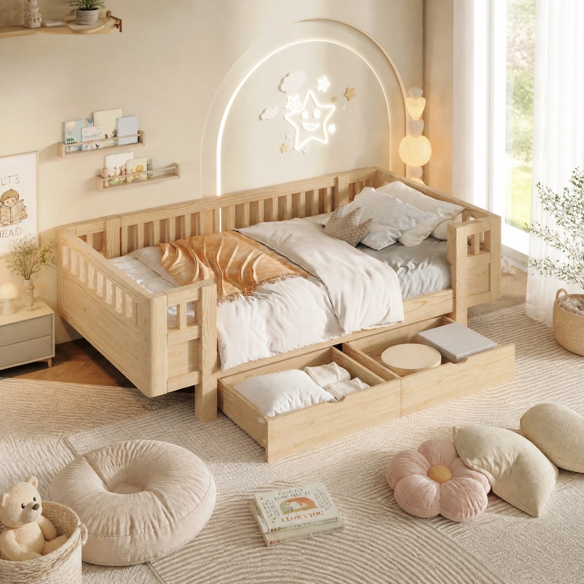 MIVRAY Kajuitbed 90x200 cm Zonder Matras - Met Hoog Veiligheidshek En 2 Opberglades - Kinderbed Voor Slaapkamer - Hout En MDF - Houtkleur