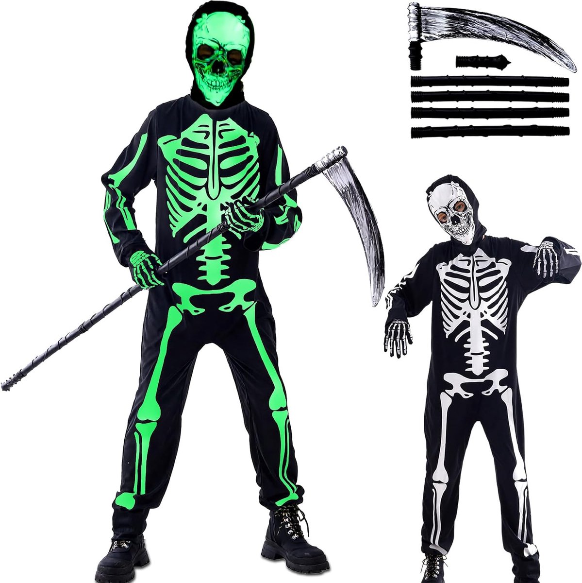 skeletkostuum kinderset - Halloween-kostuum voor kinderen Lichtgevend skeletkostuum met zeis 138 cm, enge Halloween-kostuums Skeletkostuums voor jongens en meisjes