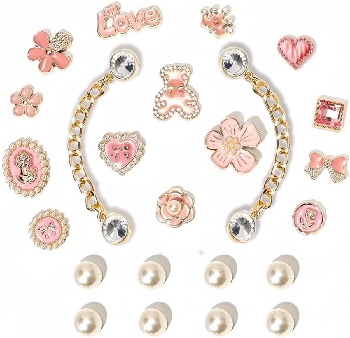 24-delige modieuze roze schoengespen-decoratieset met roze berenbloemen en strikschoendecoraties, bijpassende cadeaus voor vrouwen en kinderen, Large, Kunststof, Geen edelsteen