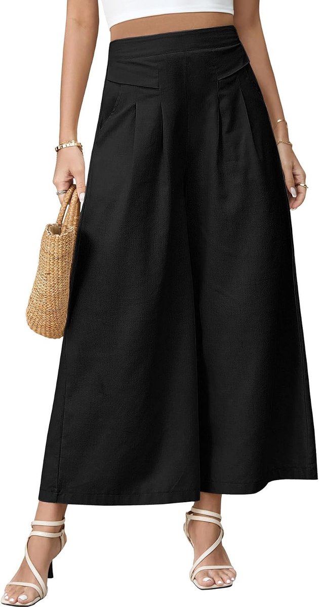 Linnen damesbroek met elastische taille, zomerbroek met wijde pijpen, lichtgewicht met zakken, casual vloeiende palazzobroek, loungebroek voor dames